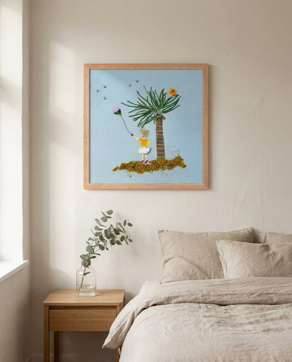 Breezy Island Moment in a red oak frame styled in a bedroom. FloraFusion botanical wall art.