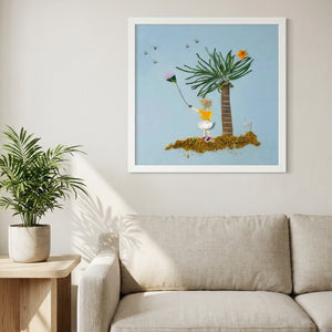 Breezy Island Moment in a white frame hanging in a serene living room. FloraFusion botanical wall art.