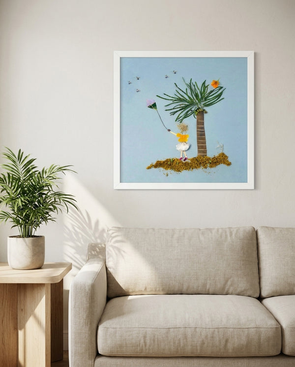 Breezy Island Moment in a white frame hanging in a serene living room. FloraFusion botanical wall art.