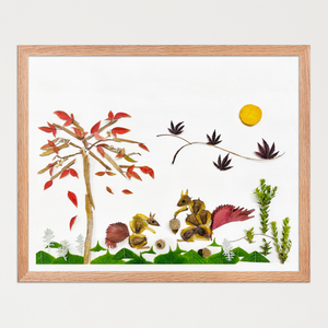 Two squirrels beneath a slender tree with warm red leaves, scattered grasses, and a small sun on white. Botanical wall art by FloraFusion.