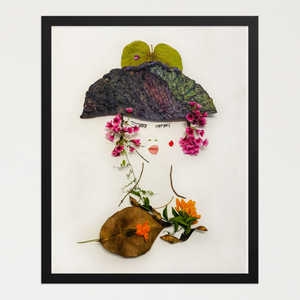 Serene feminine face with layered green hat-like foliage and cascading pink blooms on white. Botanical wall art by FloraFusion.