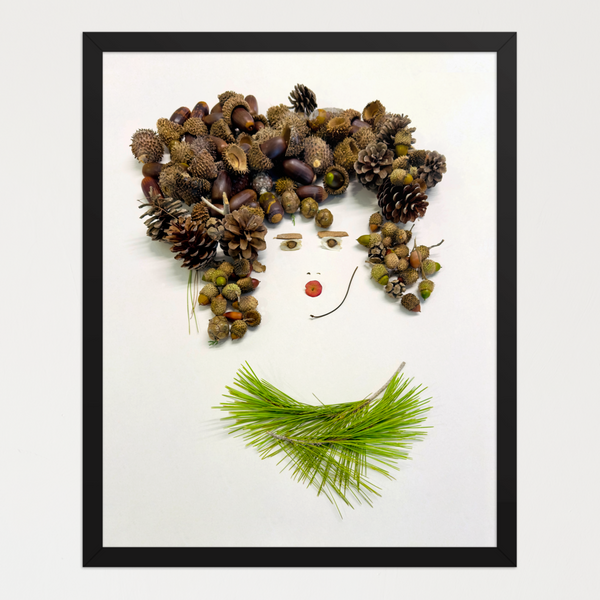 Feminine face made of acorns, pinecones, husks, and pine needles falling like hair on white. Botanical wall art by FloraFusion.