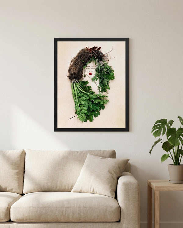 The Celery Woman print in a black frame hanging in a living room
