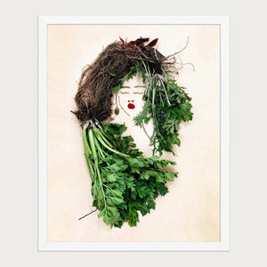 The Celery Woman botanical feminine wall art print in a white frame, front view