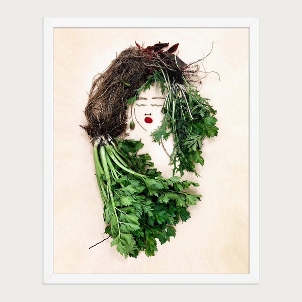 The Celery Woman botanical feminine wall art print in a white frame, front view