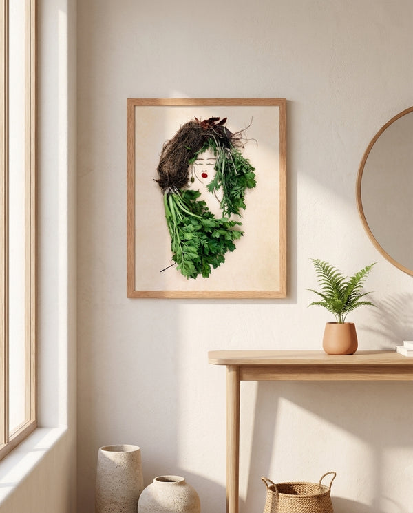 The Celery Woman print in a red oak wood frame hanging in an entryway
