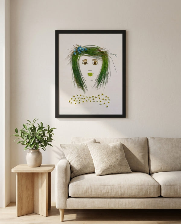 Chamomile Grace botanical feminine wall art print in a black frame hanging in a living room