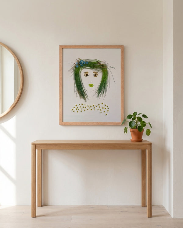 Chamomile Grace botanical feminine wall art print in a red oak wood frame hanging in an entryway