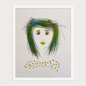 Chamomile Grace botanical feminine wall art print by FloraFusion in a white frame, front view