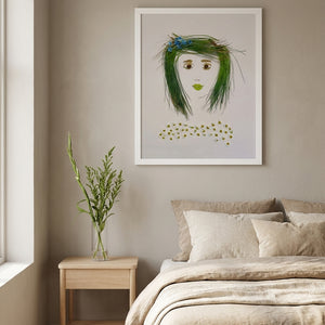 Chamomile Grace botanical feminine wall art print in a white frame hanging in a bedroom