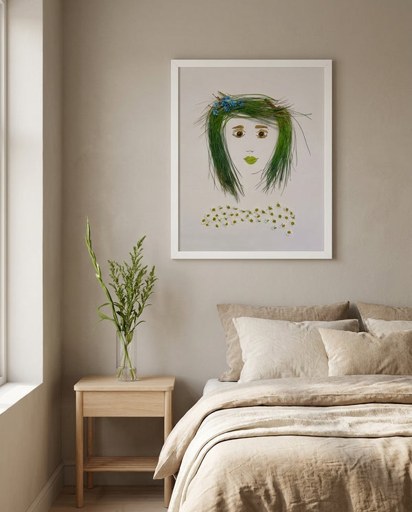 Chamomile Grace botanical feminine wall art print in a white frame hanging in a bedroom