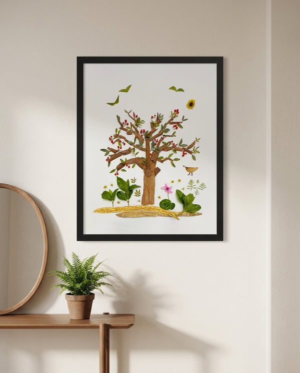 Cinnamon Berry Tree botanical tree wall art print in a black frame hanging in an entryway