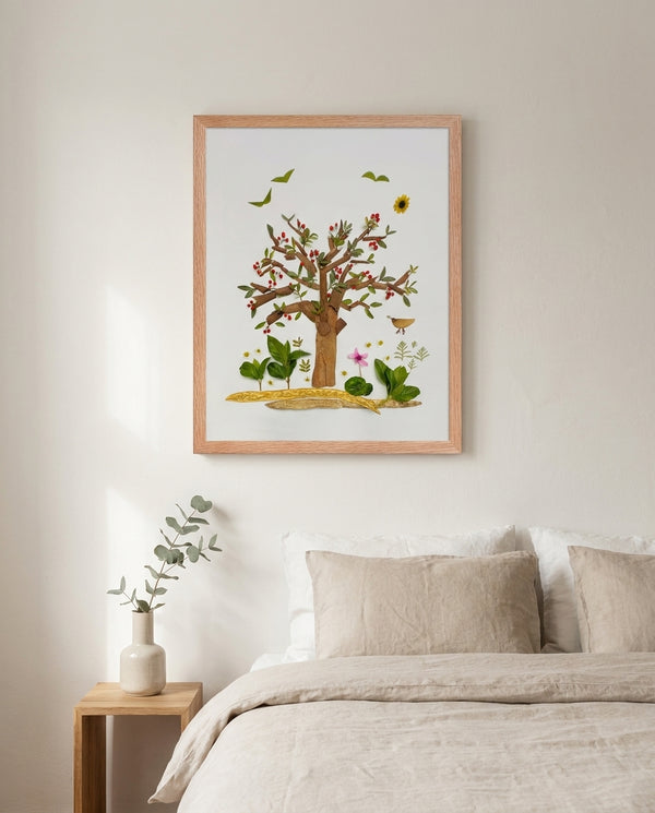 Cinnamon Berry Tree botanical tree wall art print in a red oak wood frame hanging in a bedroom
