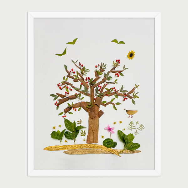 Cinnamon Berry Tree botanical tree wall art print by FloraFusion in a white frame, front view