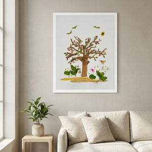 Cinnamon Berry Tree botanical tree wall art print in a white frame hanging in a living room