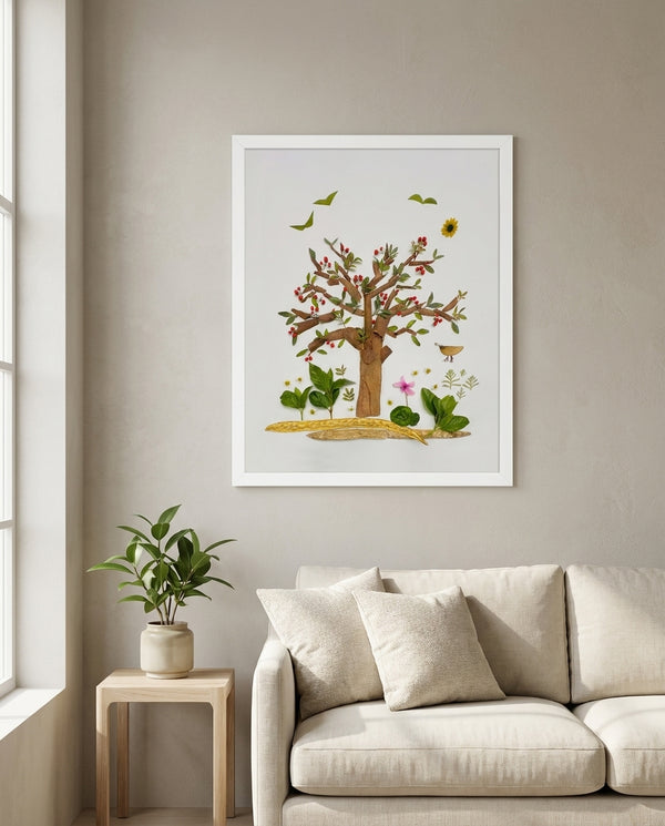 Cinnamon Berry Tree botanical tree wall art print in a white frame hanging in a living room