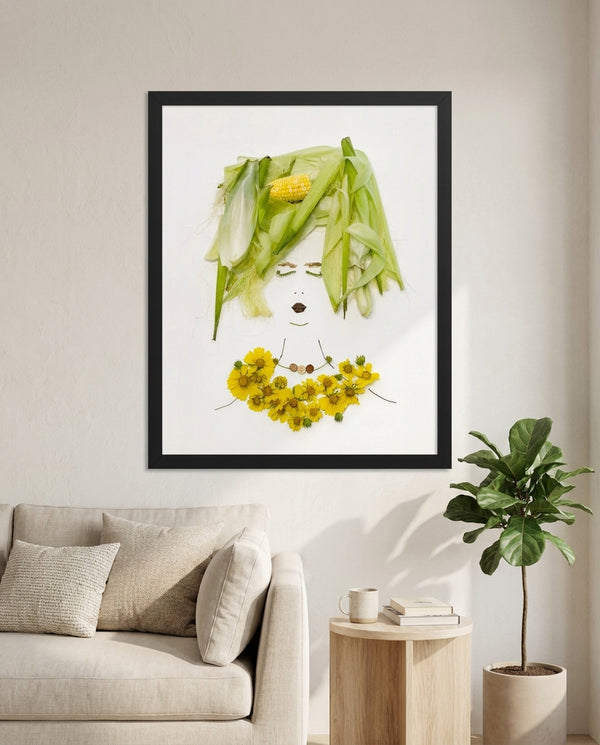 Cornflower Lady in a black frame styled in a living room. FloraFusion botanical wall art.