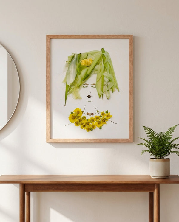 Cornflower Lady in a red oak frame styled in an entryway. FloraFusion botanical wall art.