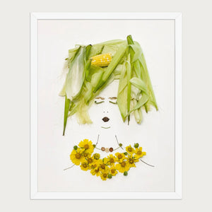 Cornflower Lady botanical portrait art print in a white frame on a warm cream background. FloraFusion.