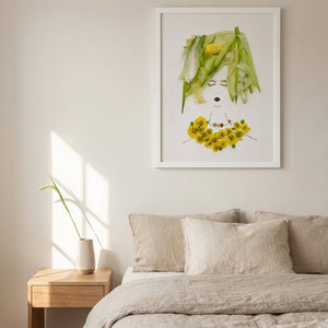 Cornflower Lady in a white frame hanging in a serene bedroom. FloraFusion botanical wall art.