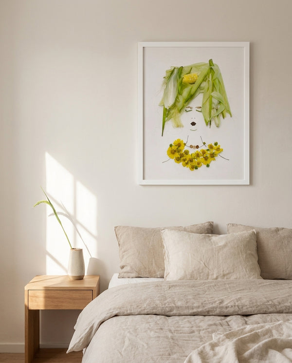 Cornflower Lady in a white frame hanging in a serene bedroom. FloraFusion botanical wall art.