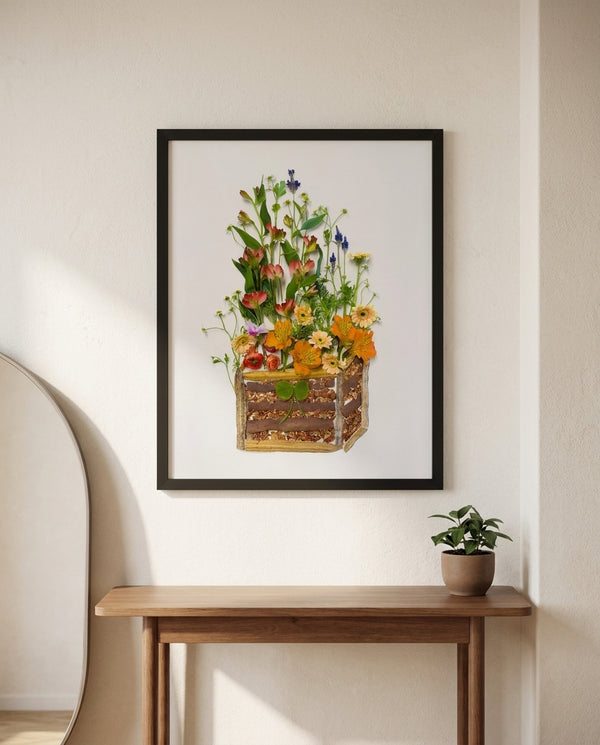 Cottage Flower Crate wildflower still life wall art print in a black frame hanging in an entryway