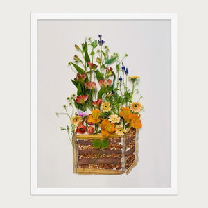 Cottage Flower Crate wildflower still life wall art print by FloraFusion in a white frame, front view