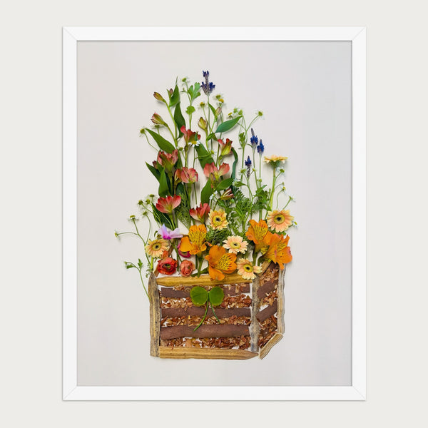 Cottage Flower Crate wildflower still life wall art print by FloraFusion in a white frame, front view