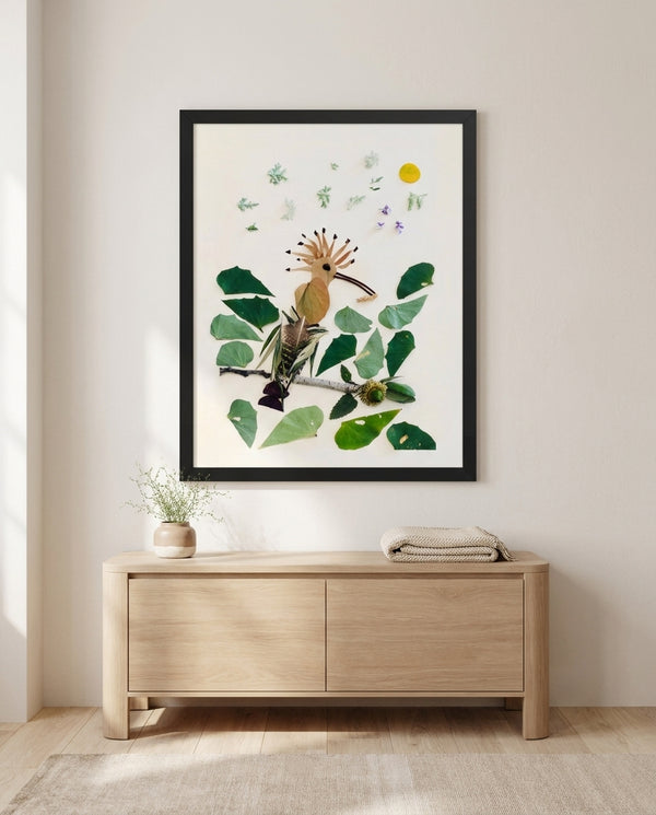 Crested Hoopoe botanical bird wall art print in a black frame hanging in a kids room
