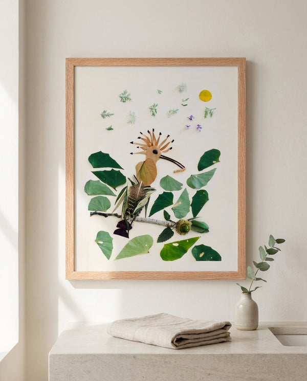Crested Hoopoe botanical bird wall art print in a red oak wood frame hanging in a bathroom