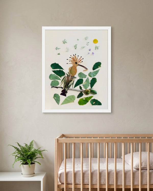 Crested Hoopoe botanical bird wall art print in a white frame hanging in a nursery