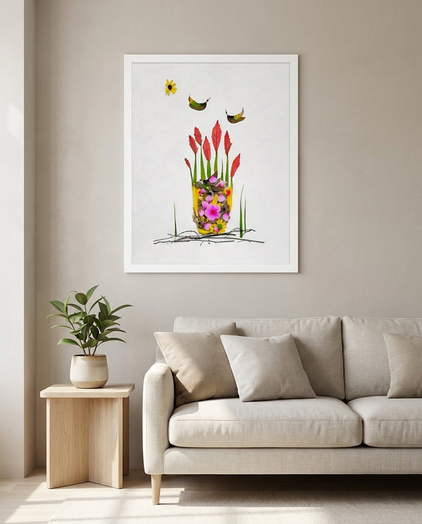Crimson Torches autumn botanical still life wall art print in a white frame hanging in a living room