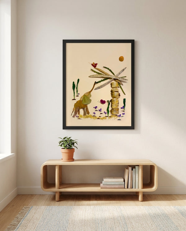 Curious Little Elephant botanical wildlife wall art print in a black frame hanging in a kids room