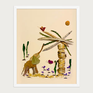 Curious Little Elephant botanical wildlife wall art print by FloraFusion in a white frame, front view