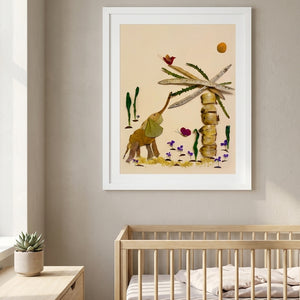 Curious Little Elephant botanical wildlife wall art print in a white frame hanging in a nursery