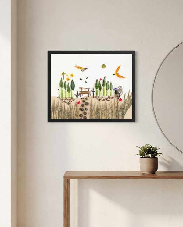 Cypress Afternoon nature-inspired park scene wall art print in a black frame hanging in an entryway