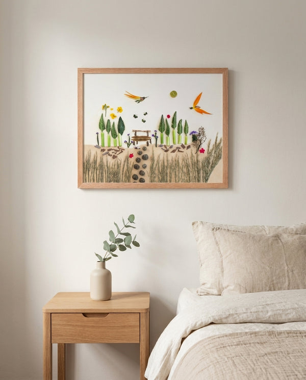 Cypress Afternoon nature-inspired park scene wall art print in a red oak wood frame hanging in a bedroom