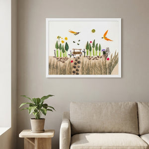 Cypress Afternoon nature-inspired park scene wall art print in a white frame hanging in a living room