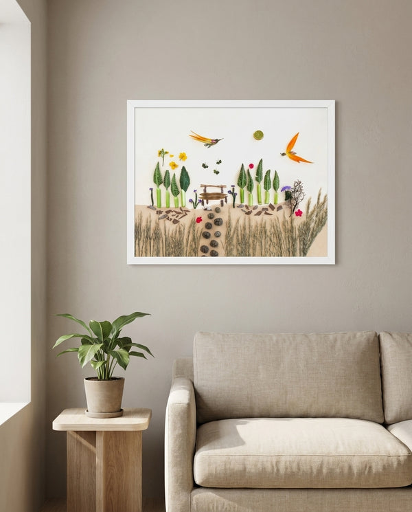 Cypress Afternoon nature-inspired park scene wall art print in a white frame hanging in a living room