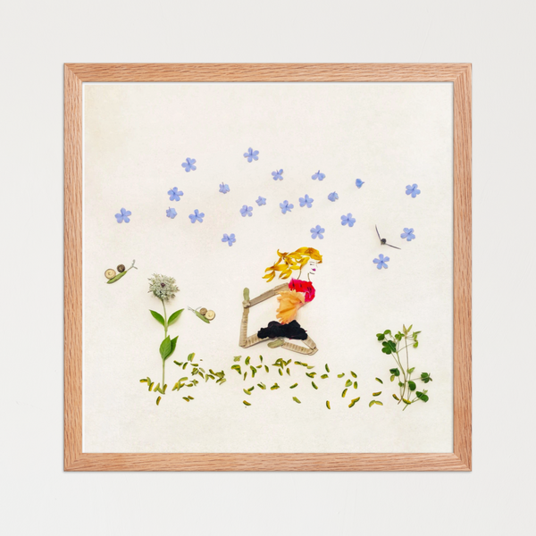Woman in a forward yoga fold composed entirely from real flowers, leaves, and stems. Botanical wall art print by FloraFusion.