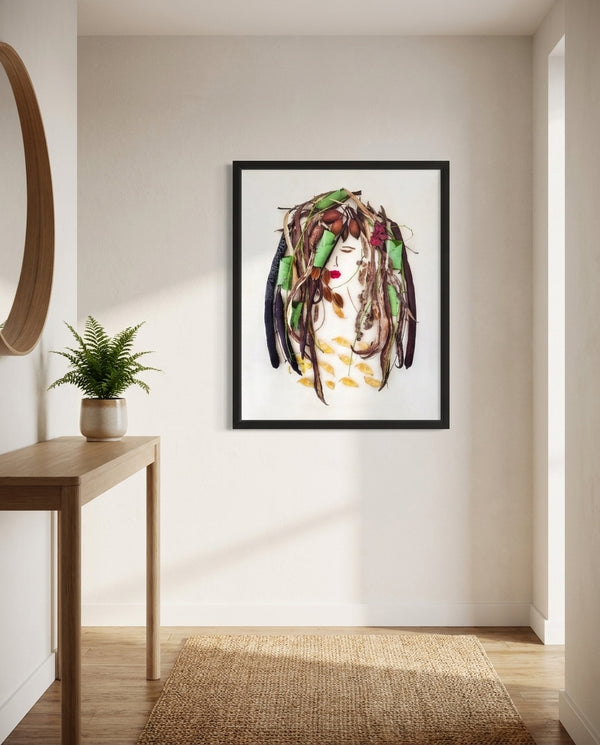 Earthbound Lady in a black frame styled in an entryway. FloraFusion botanical wall art.