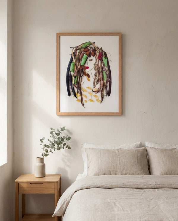 Earthbound Lady in a red oak frame styled in a bedroom. FloraFusion botanical wall art.