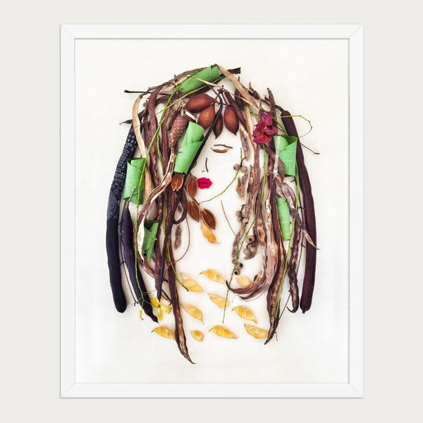 Earthbound Lady natural portrait art print in a white frame on a warm cream background. FloraFusion.