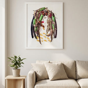 Earthbound Lady in a white frame hanging in a serene living room. FloraFusion botanical wall art.
