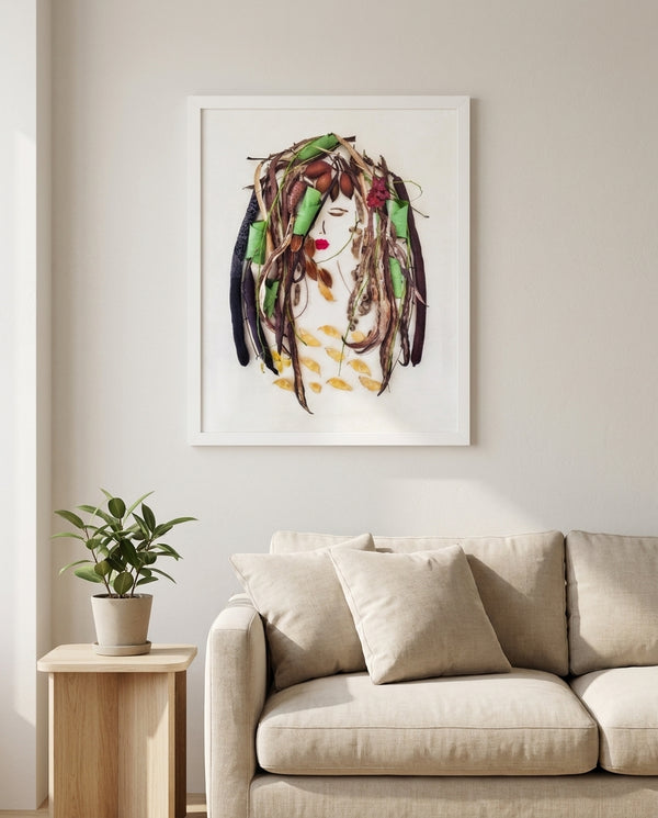 Earthbound Lady in a white frame hanging in a serene living room. FloraFusion botanical wall art.