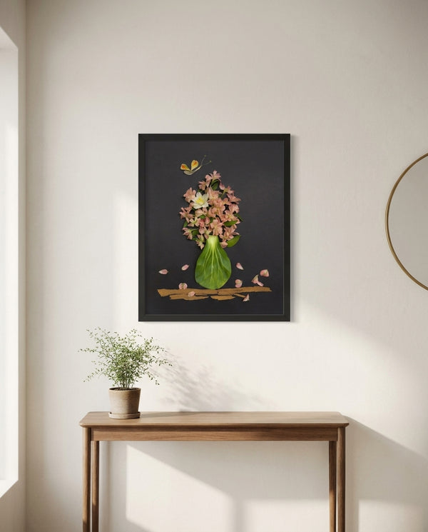 Evening Peach Bouquet dark floral still life wall art print in a black frame hanging in an entryway