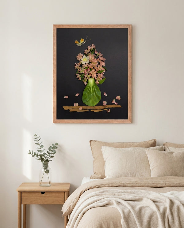 Evening Peach Bouquet dark floral still life wall art print in a red oak wood frame hanging in a bedroom