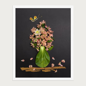 Evening Peach Bouquet dark floral still life wall art print by FloraFusion in a white frame, front view
