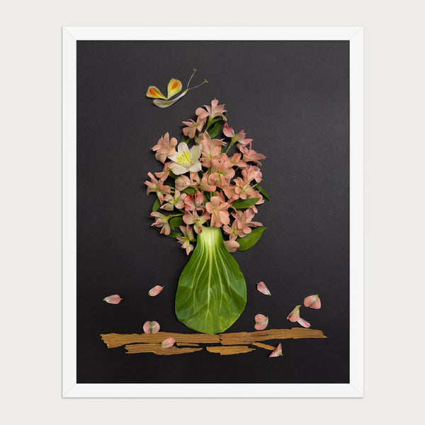 Evening Peach Bouquet dark floral still life wall art print by FloraFusion in a white frame, front view