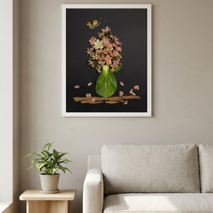 Evening Peach Bouquet dark floral still life wall art print in a white frame hanging in a living room